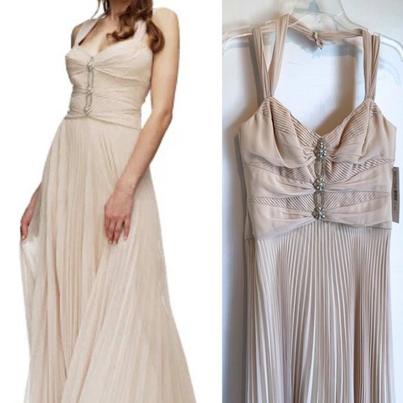 NWT BADGELY MISCHKA IVORY CHAMPANGE CHIFFON EVENING GOWN - SIZE 2 - Picture 1 of 16